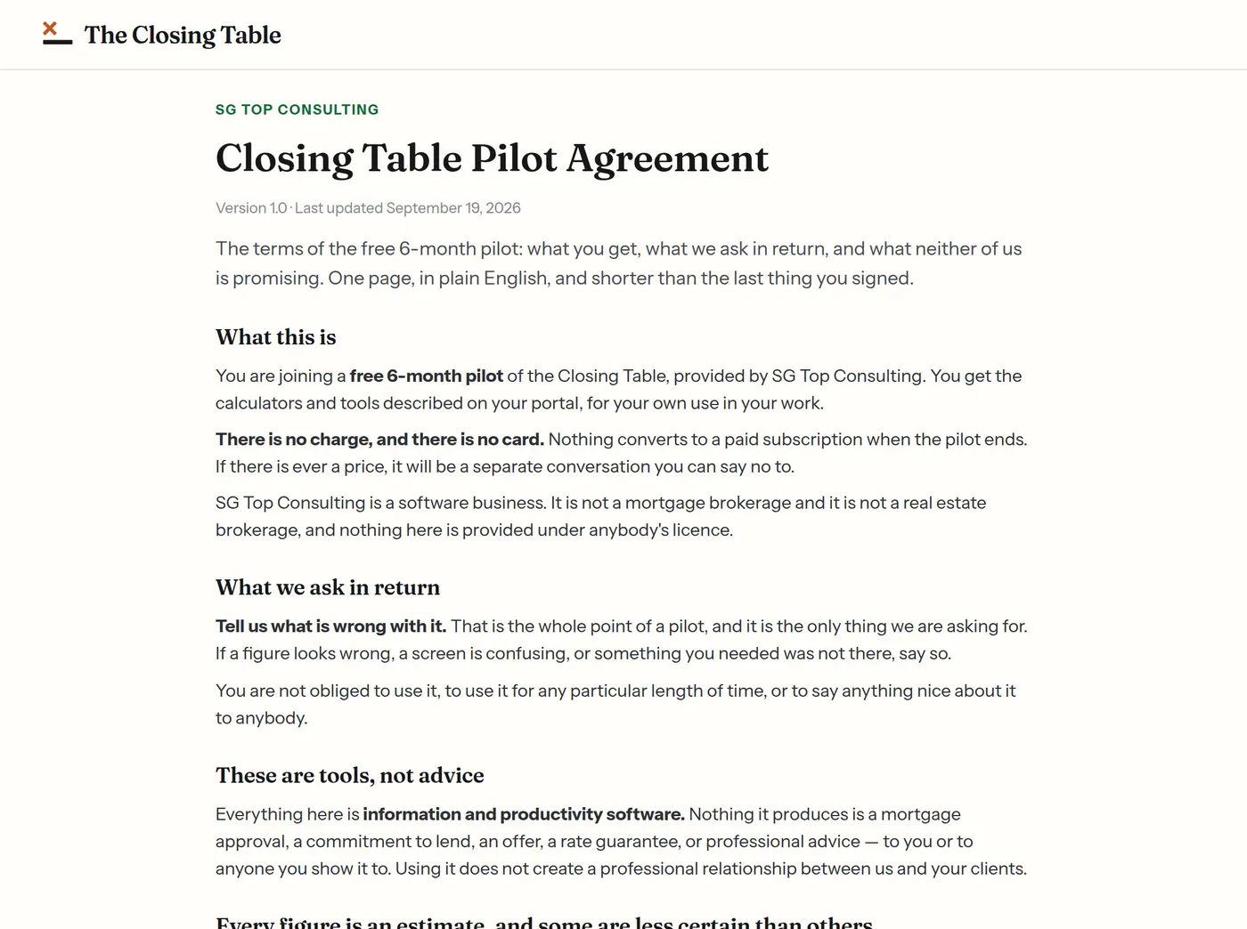 The member agreement, shown once on first sign-in.