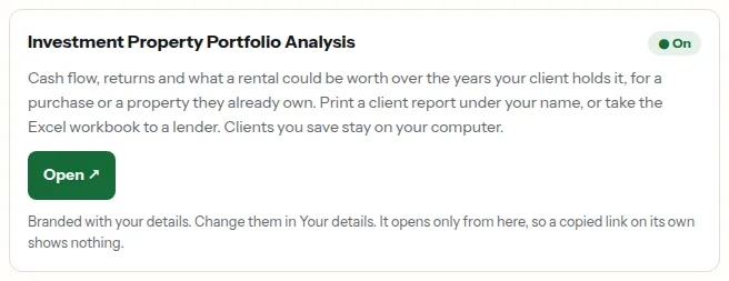 The Investment Property Portfolio Analysis card in the portal, with its Open button.