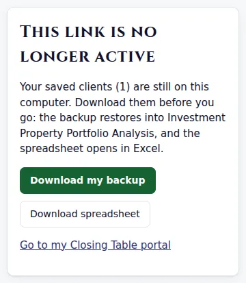 No longer active, with Download my backup and Download spreadsheet.