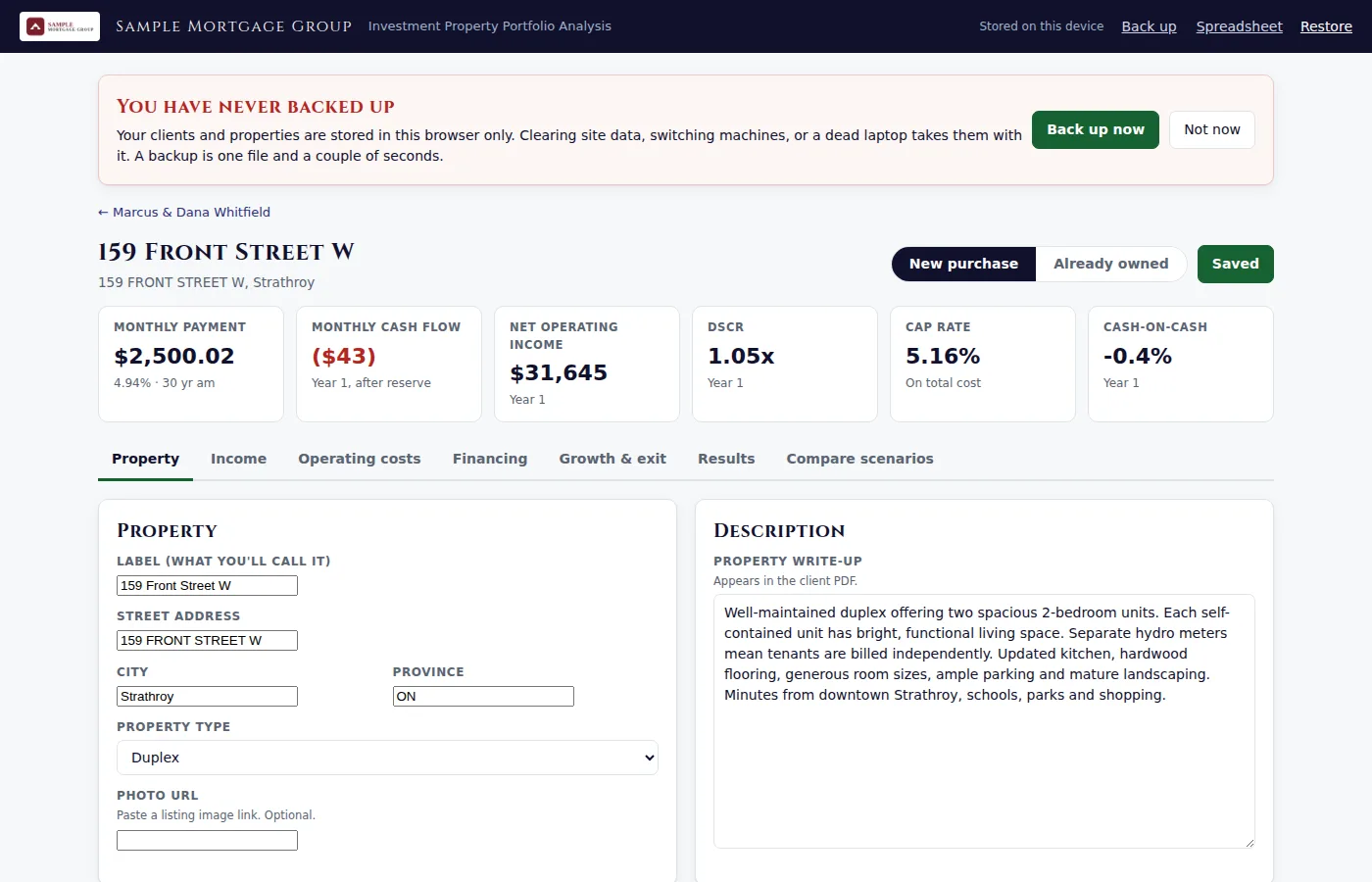 A property open on its first tab, with the monthly payment, cash flow and other figures across the top.