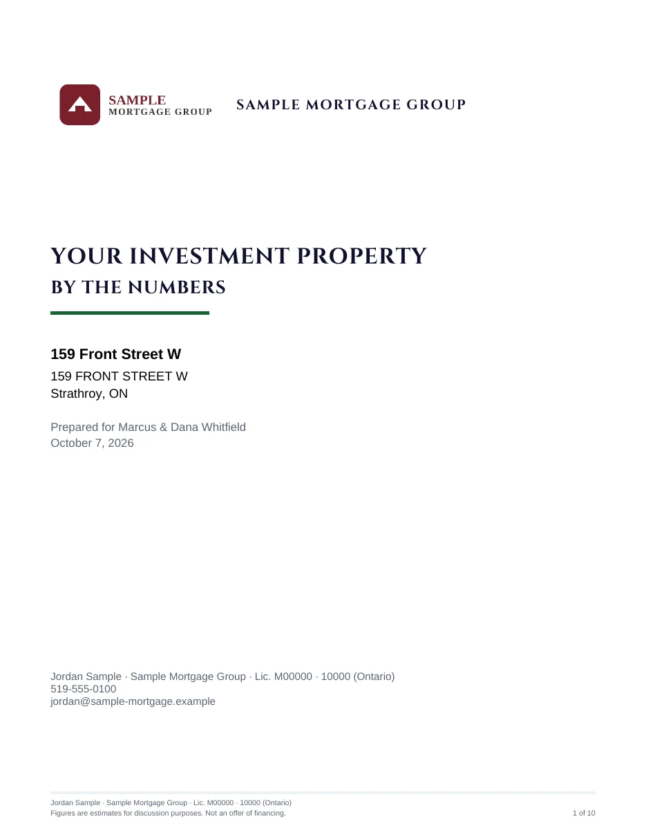 The cover of the client report, with the broker's logo, brokerage and licence line.