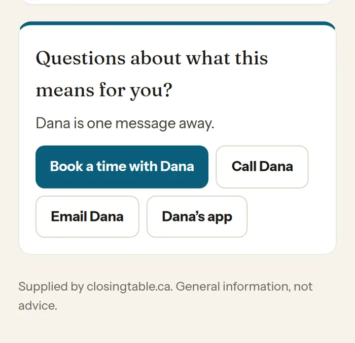 The foot of an article: Questions about what this means for you? with Book a time, Call, Email and app buttons.
