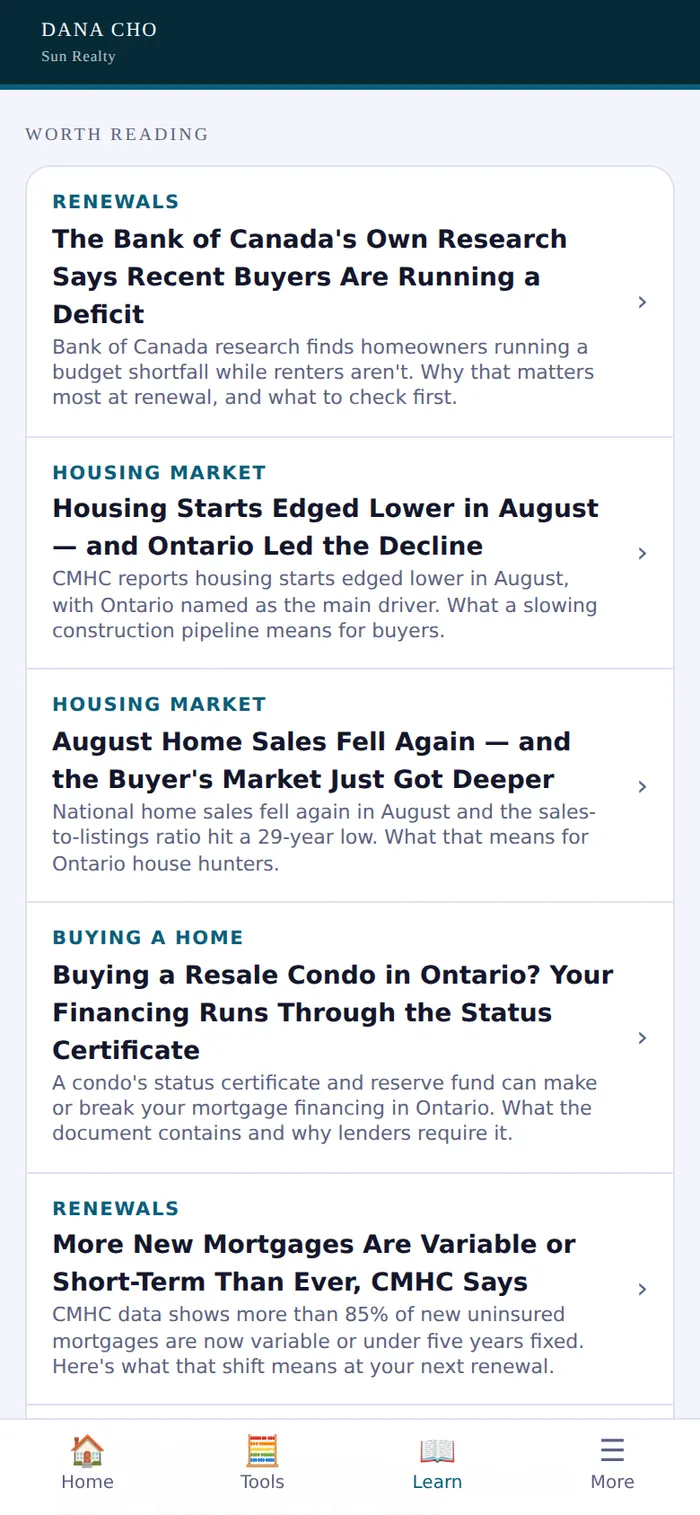 The client app's Learn tab, listing articles under Worth reading, with Home, Tools, Learn and More along the bottom.