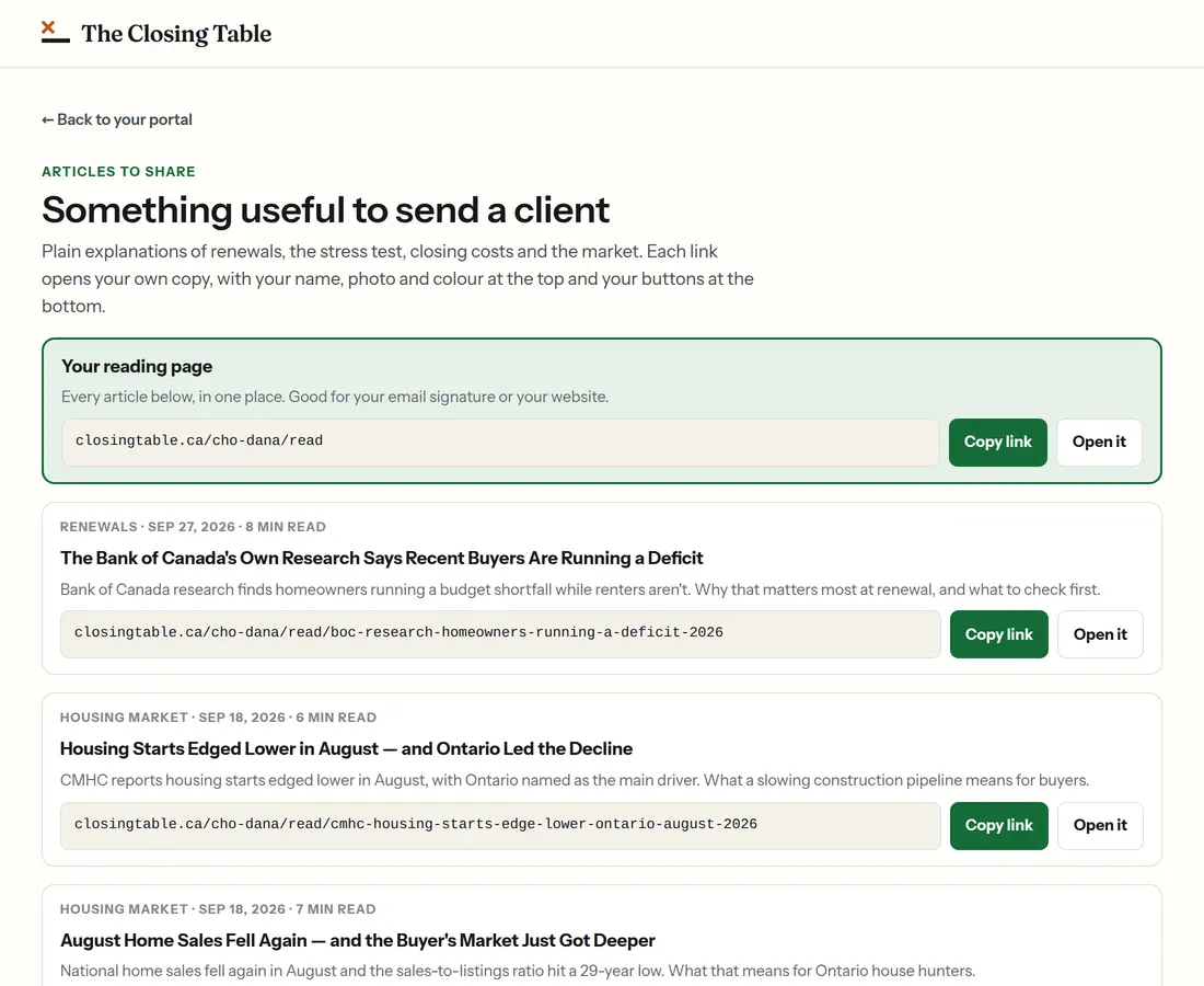 The Articles to share page: Your reading page with its link, then each article with Copy link and Open it.