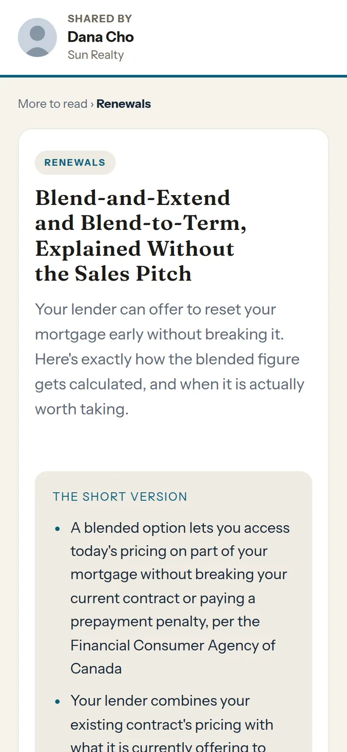An article on a phone, headed Shared by Dana Cho, Sun Realty, with the article title below.