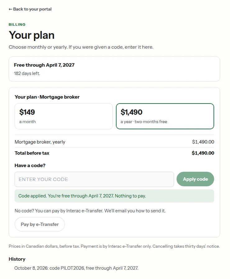 A code applied: Code applied. You're free through April 7, 2027. Nothing to pay.