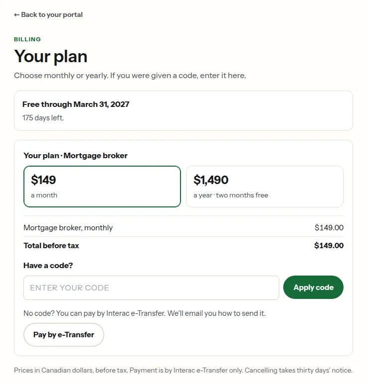 The Billing page: free through a date, monthly and yearly prices, a code box and Pay by e-Transfer.