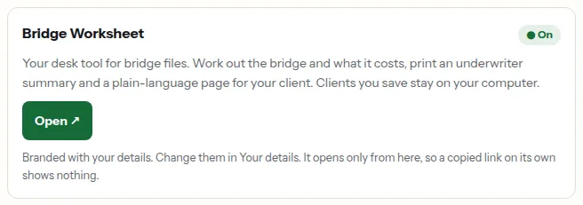 The Bridge Worksheet card in the portal, with its Open button.