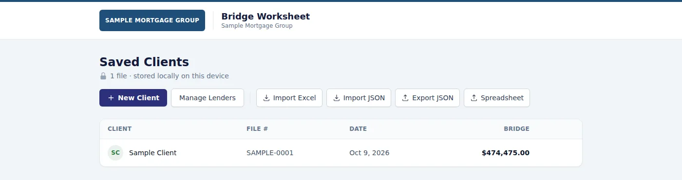 The saved clients list, with your brokerage in the header.