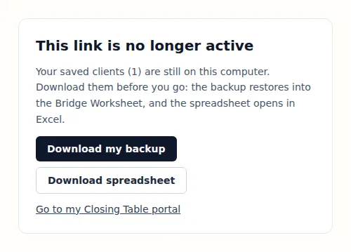 No longer active, with Download my backup and Download spreadsheet.