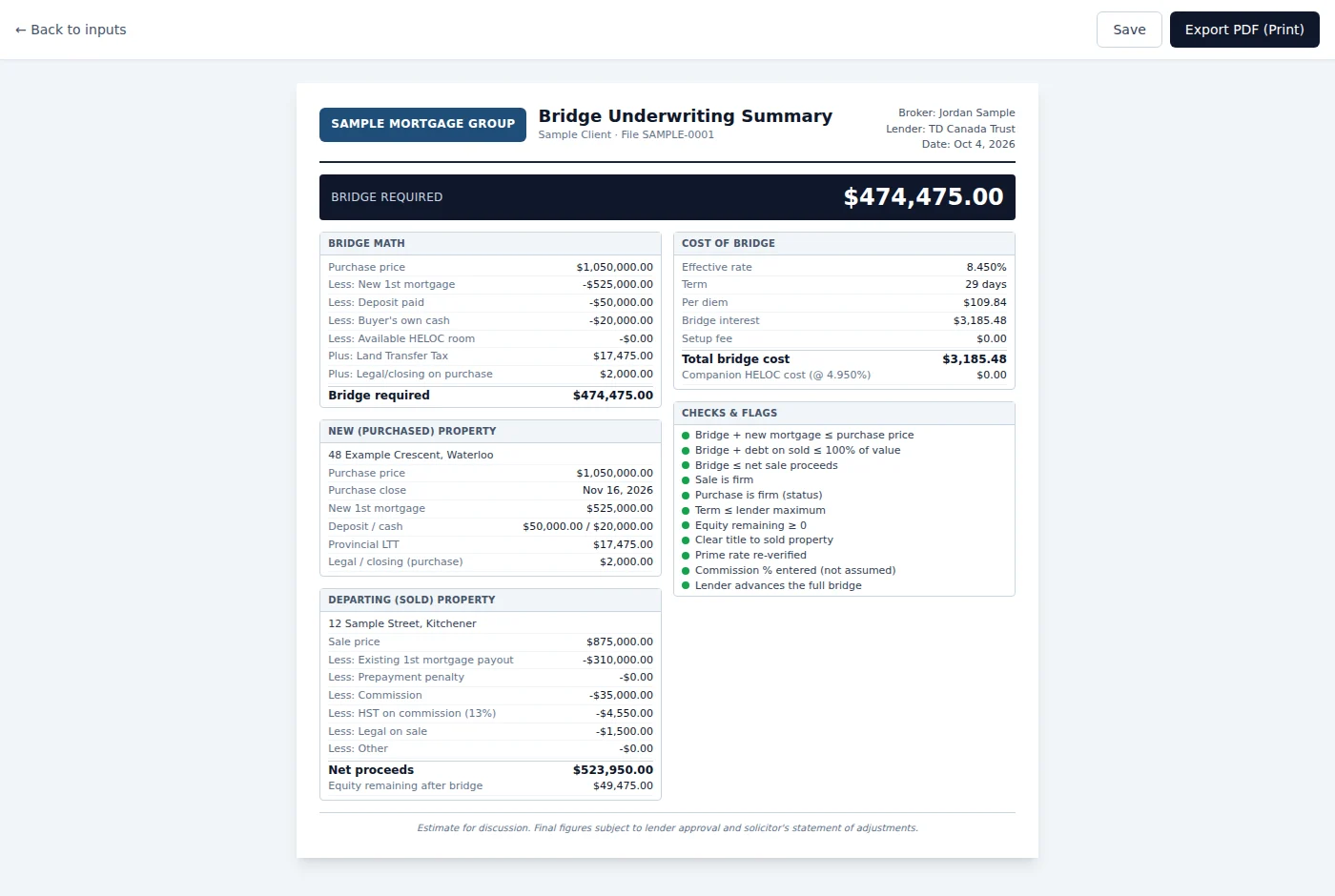 The Bridge Underwriting Summary with the broker's logo.