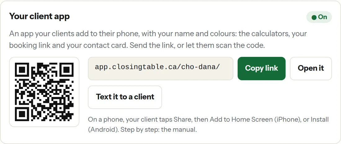 The Your client app card on the portal: a QR code, the link app.closingtable.ca/cho-dana/, and Copy link, Open it and Text it to a client buttons.