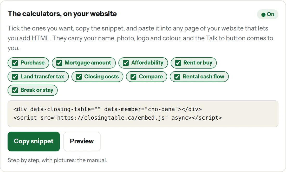 The Your calculators card on the portal: nine ticked calculators, the snippet, and the Copy snippet and Preview buttons.