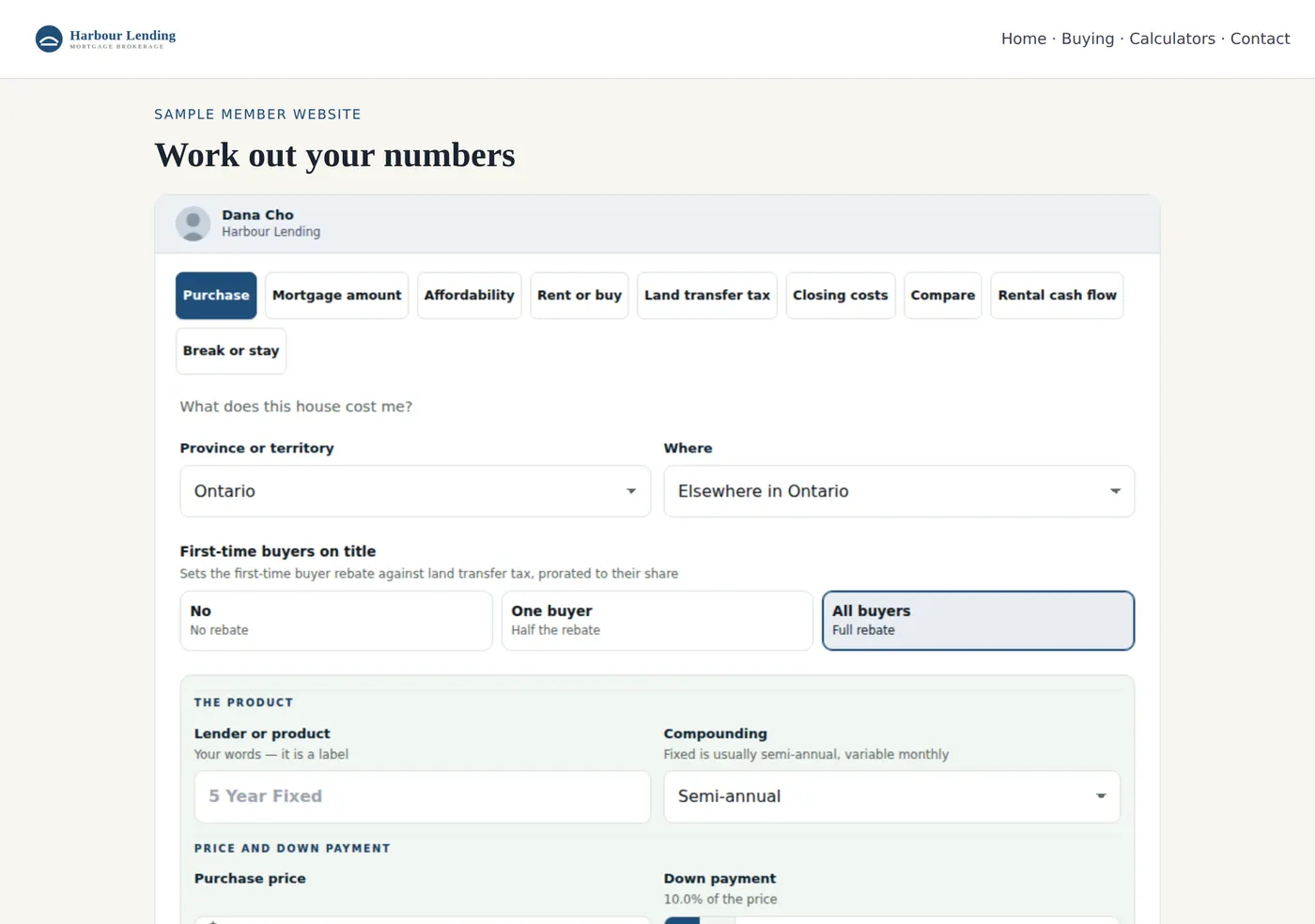The calculators on a sample member website, headed by the member's photo, name and brokerage.