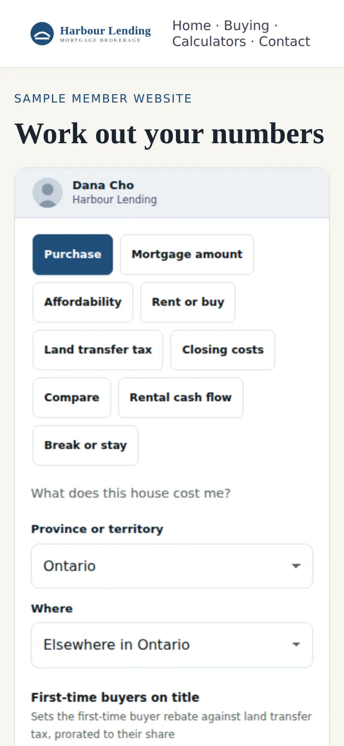 The calculators on the sample member website, on a phone.