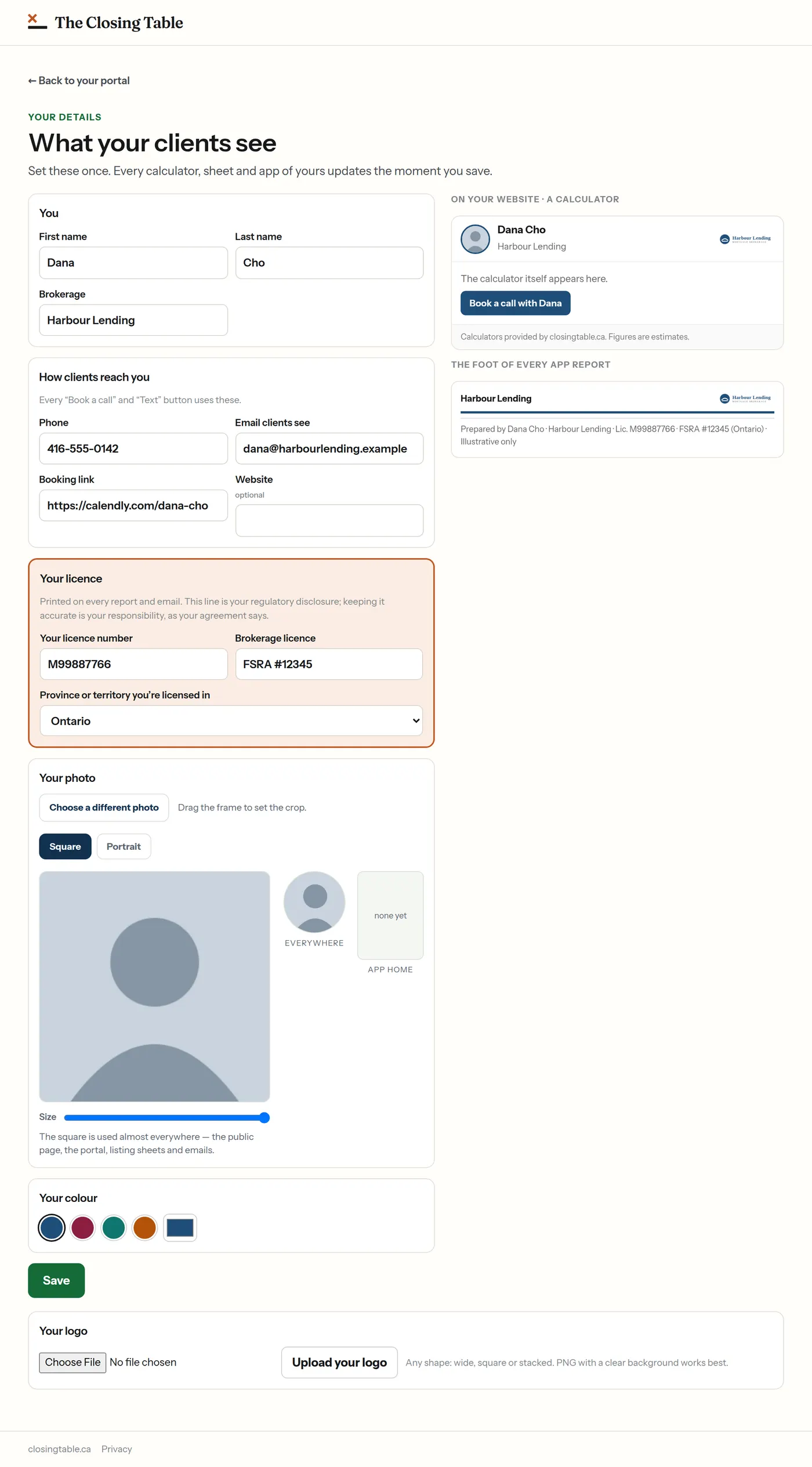 The Your details page filled in, with the live preview on the right, the licence section, the photo and the colour.