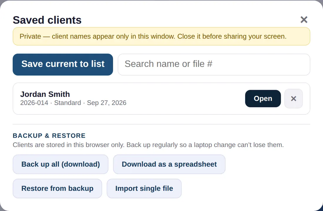 The saved clients list, with backup and restore below.