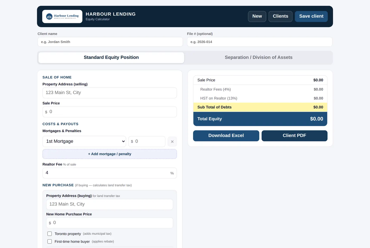 The Equity Calculator opened from the portal, with the broker's brokerage and logo in the top bar.