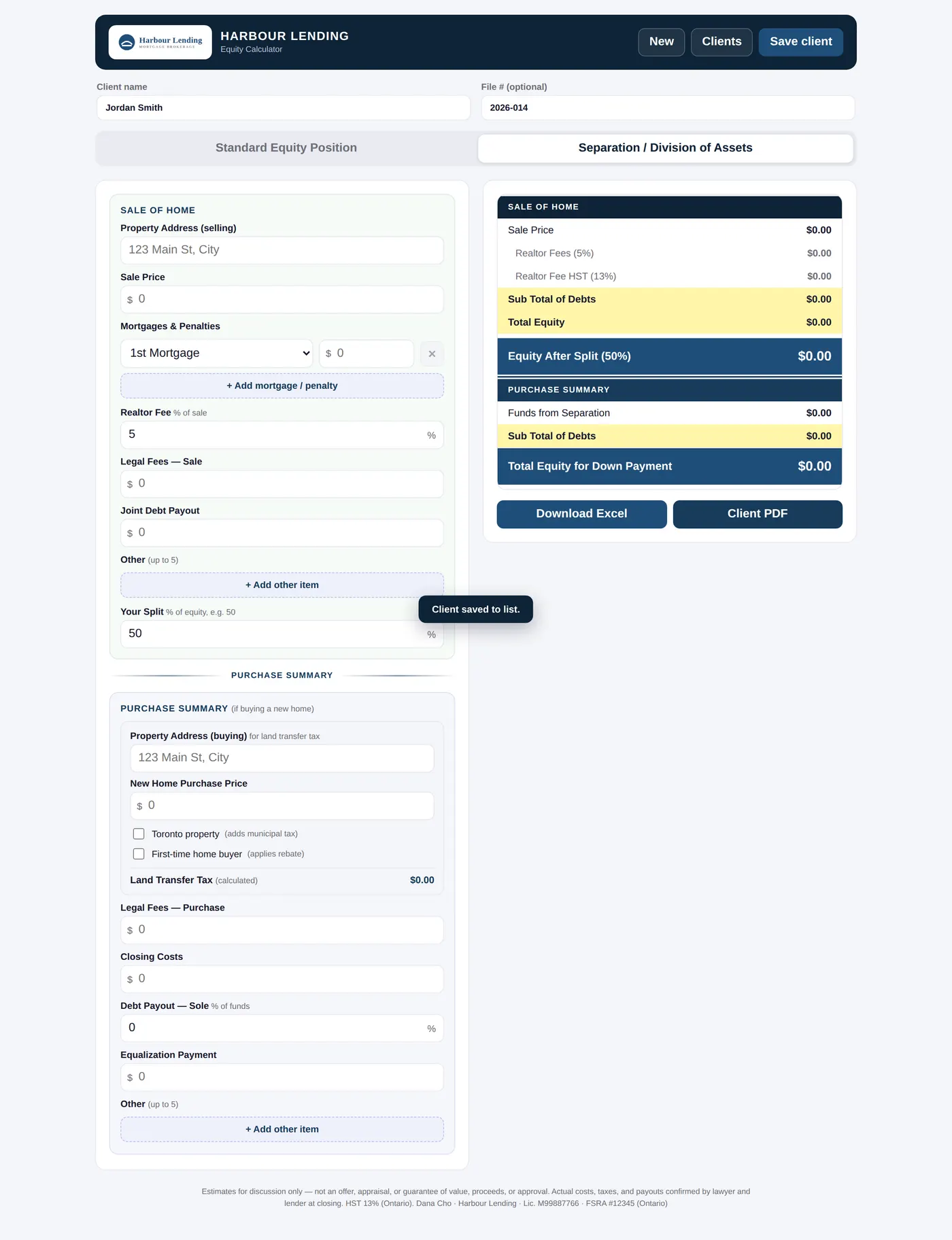 The Separation tab: the sale, the split, and the purchase summary.