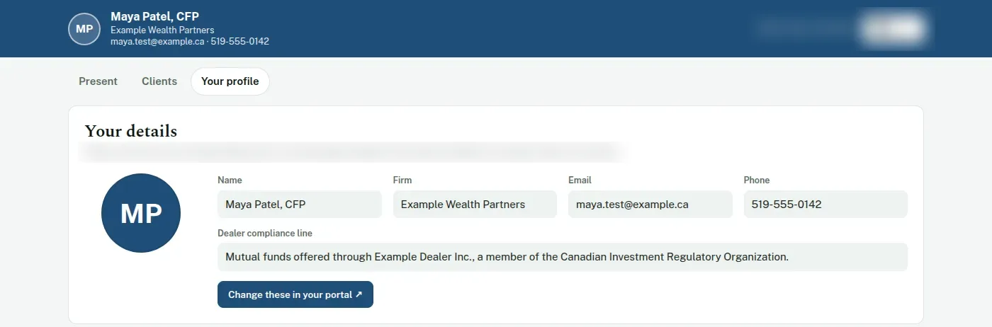 Your profile in the Planner: read only, with a button back to Your details in the portal.