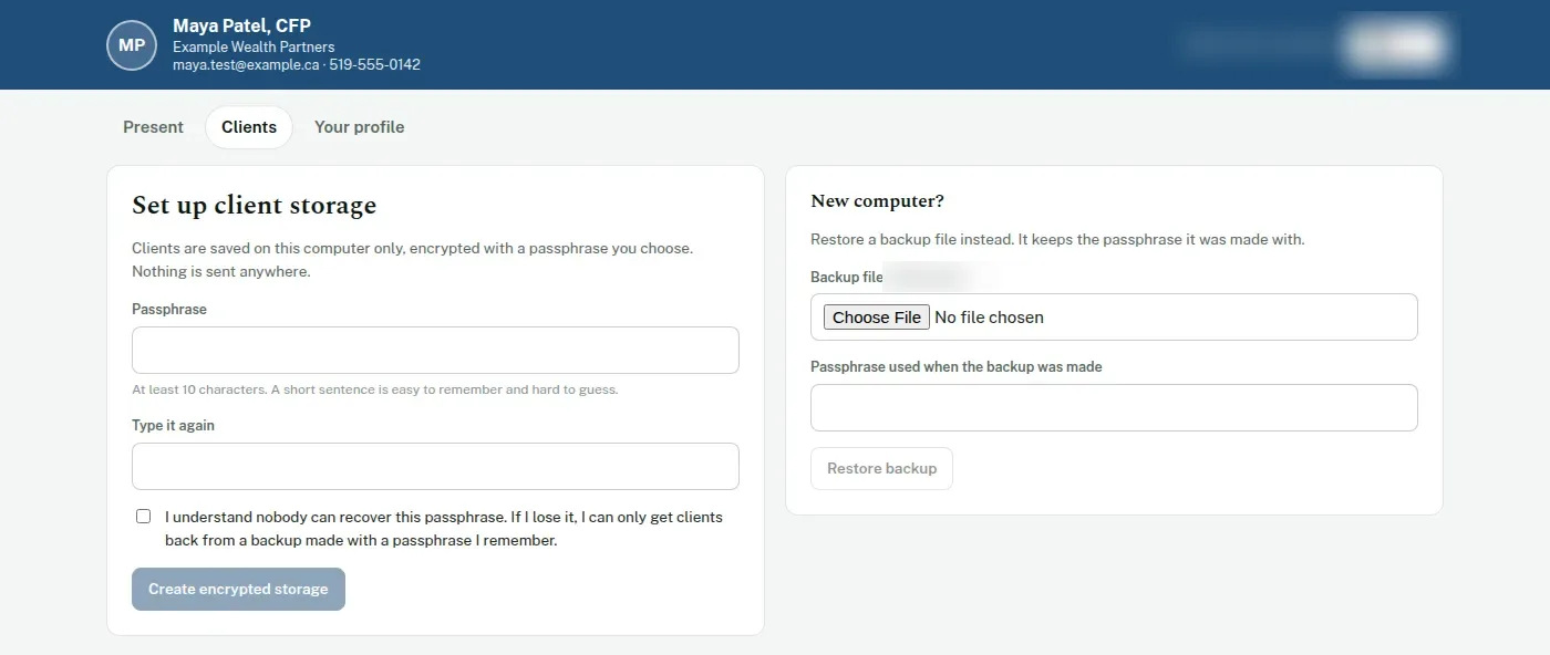 Setting up client storage: a passphrase, typed twice, and the option to restore a backup instead.
