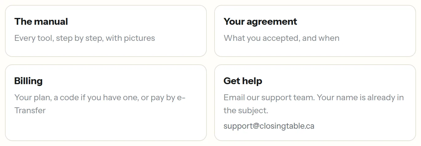 The Account row on the portal home: The manual, Your agreement, Billing and Get help, with support@closingtable.ca under Get help.