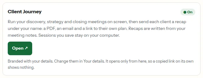 The Client Journey card in the portal, with its Open button.