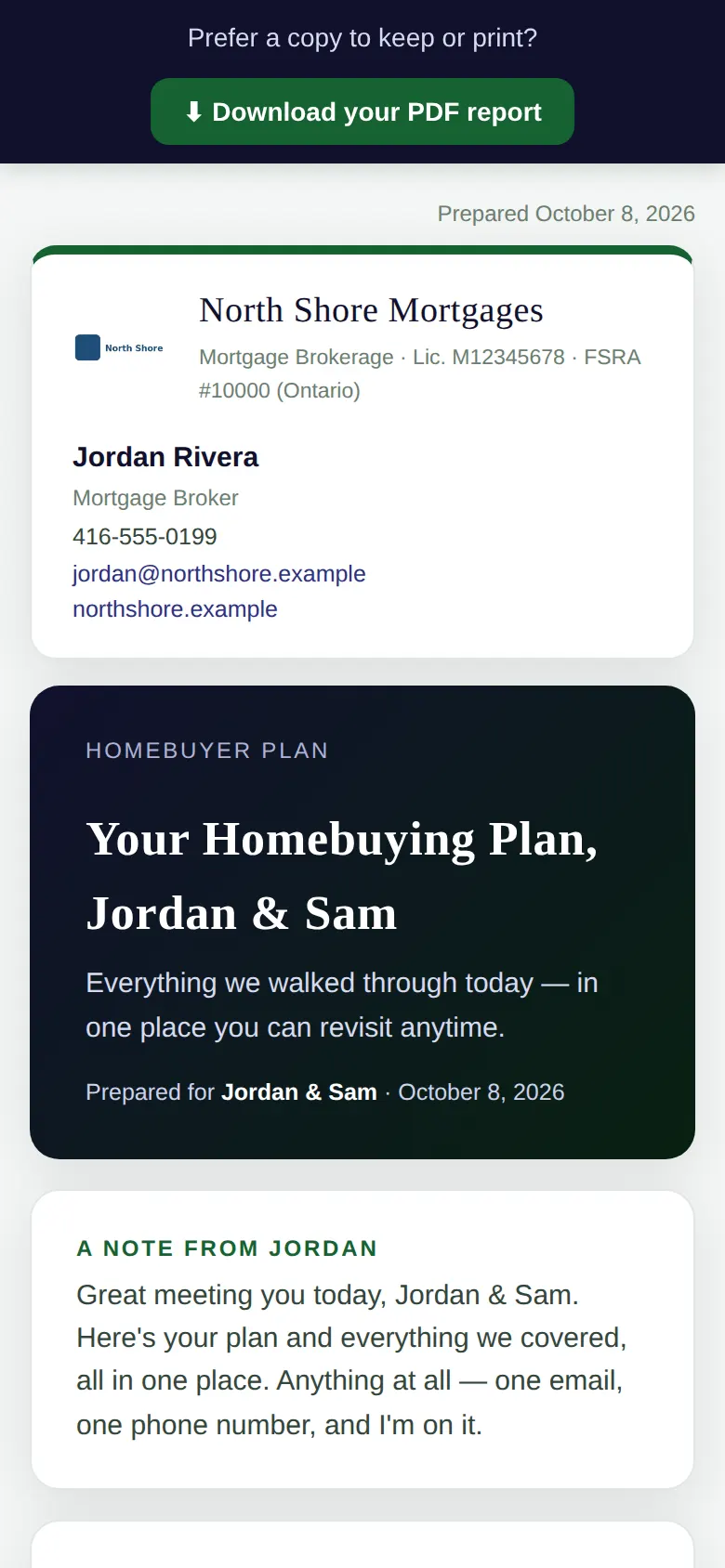 The plan a client's link opens, on a phone, with the broker's letterhead and note.