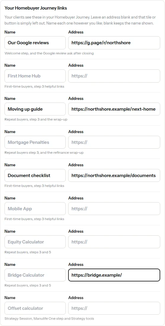 Your Client Journey links: a name and an address for each link, with where clients see it.