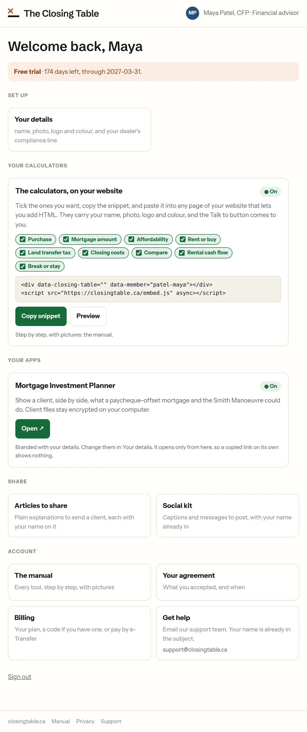 The portal home for a financial advisor: the calculators, the Mortgage Investment Planner switched on with its Open button, Share, and the Account row.