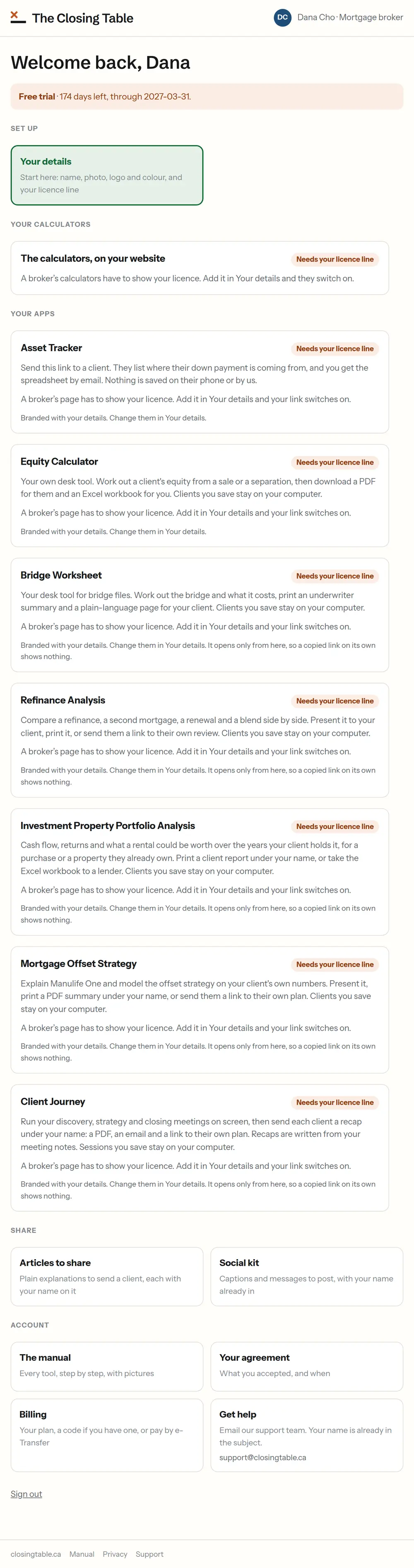 The portal home for a new broker: the free-trial strip, Your details marked Start here, the calculators and apps waiting for the licence line, Share, and the Account row with Billing and Get help.