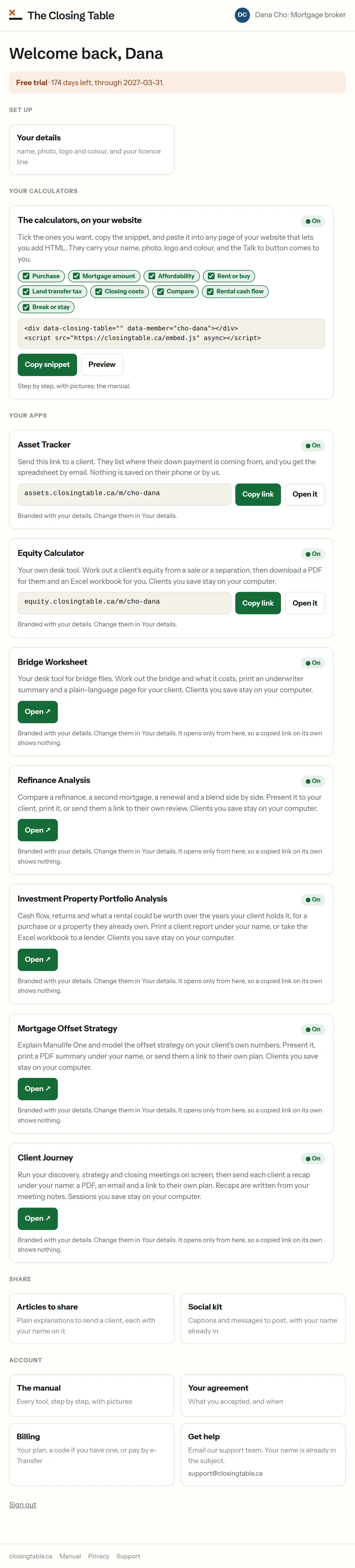 The portal home for a broker: the calculators, all seven apps switched on, Share, and the Account row with Billing and Get help.