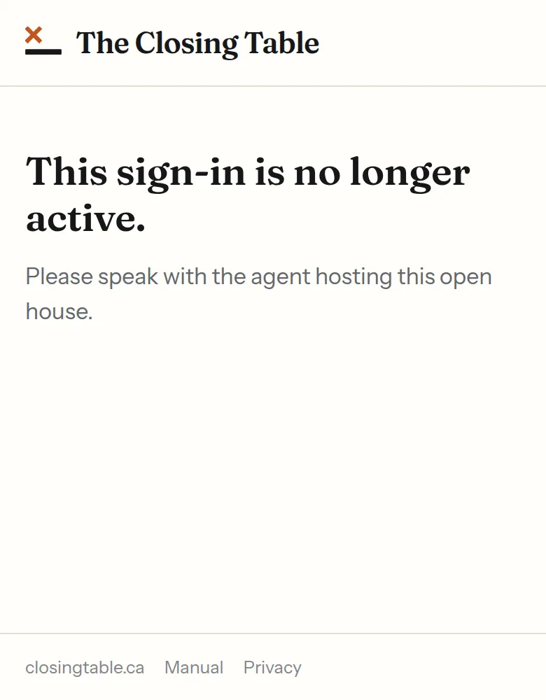 An open-house card scanned after the trial ended: This sign-in is no longer active.
