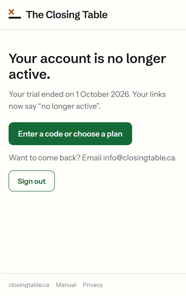 The one-page portal after a trial ends: Your account is no longer active, and the Enter a code or choose a plan button.