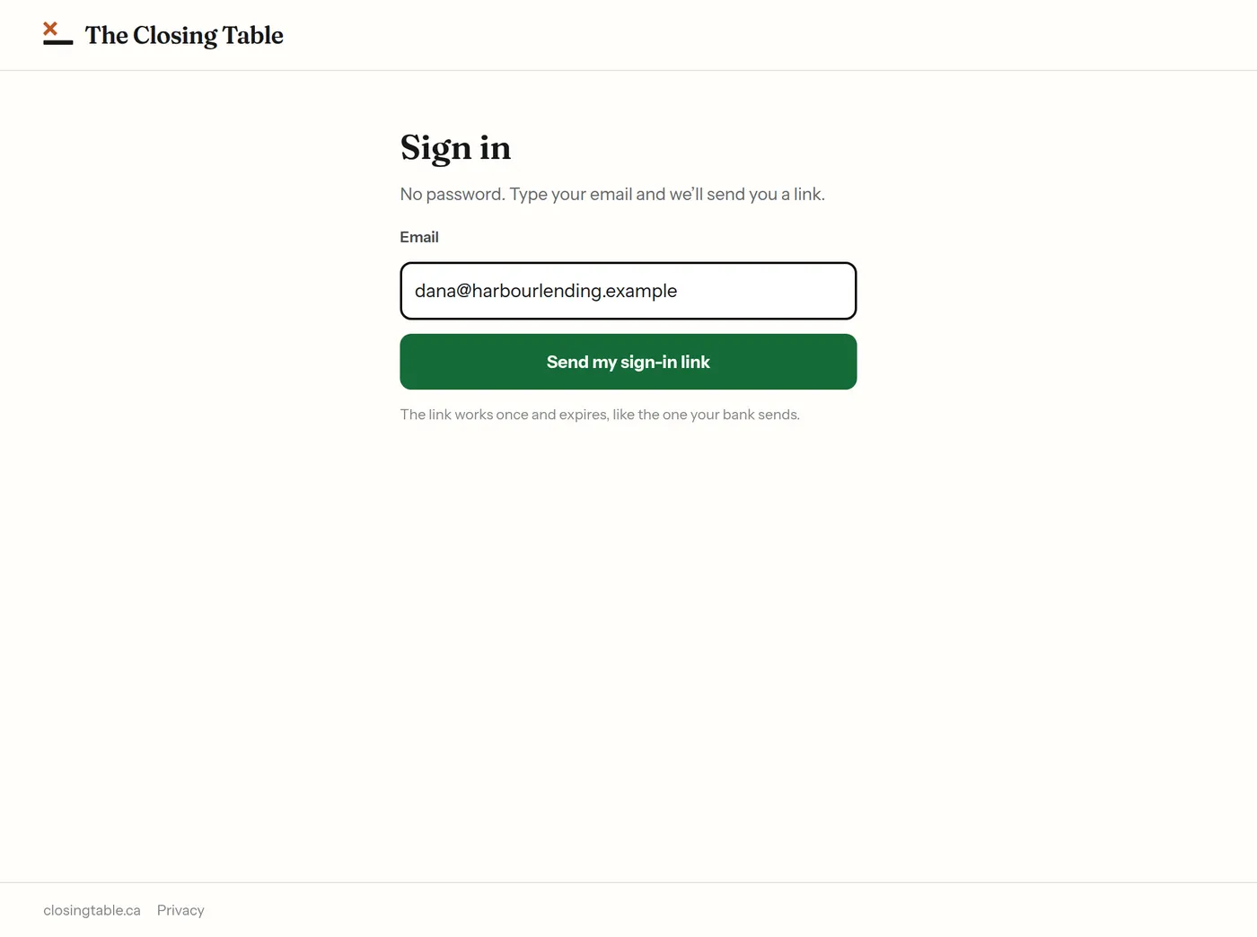 The sign-in page, with an email address typed in and the Send my sign-in link button.