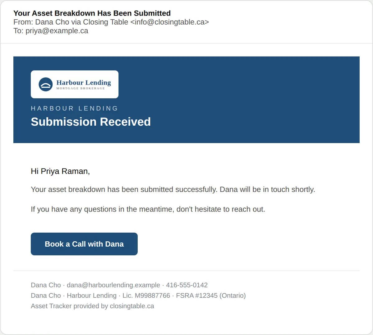 The confirmation email the client receives, in the broker's name.