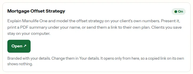 The Mortgage Offset Strategy card in the portal, with its Open button.