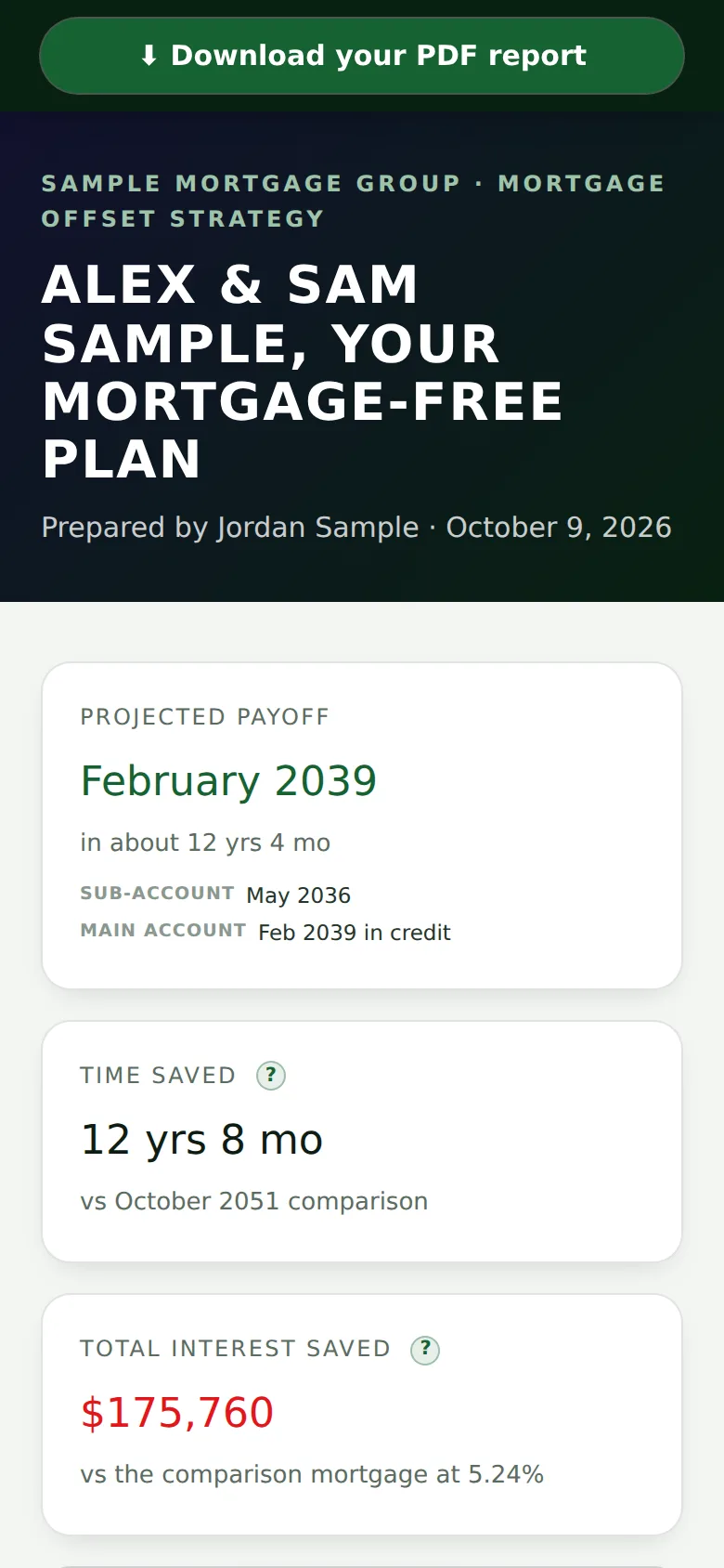 The plan a client's link opens, on a phone, prepared by the broker.