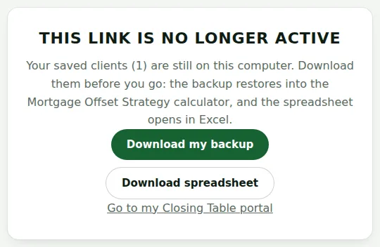 No longer active, with Download my backup and Download spreadsheet.