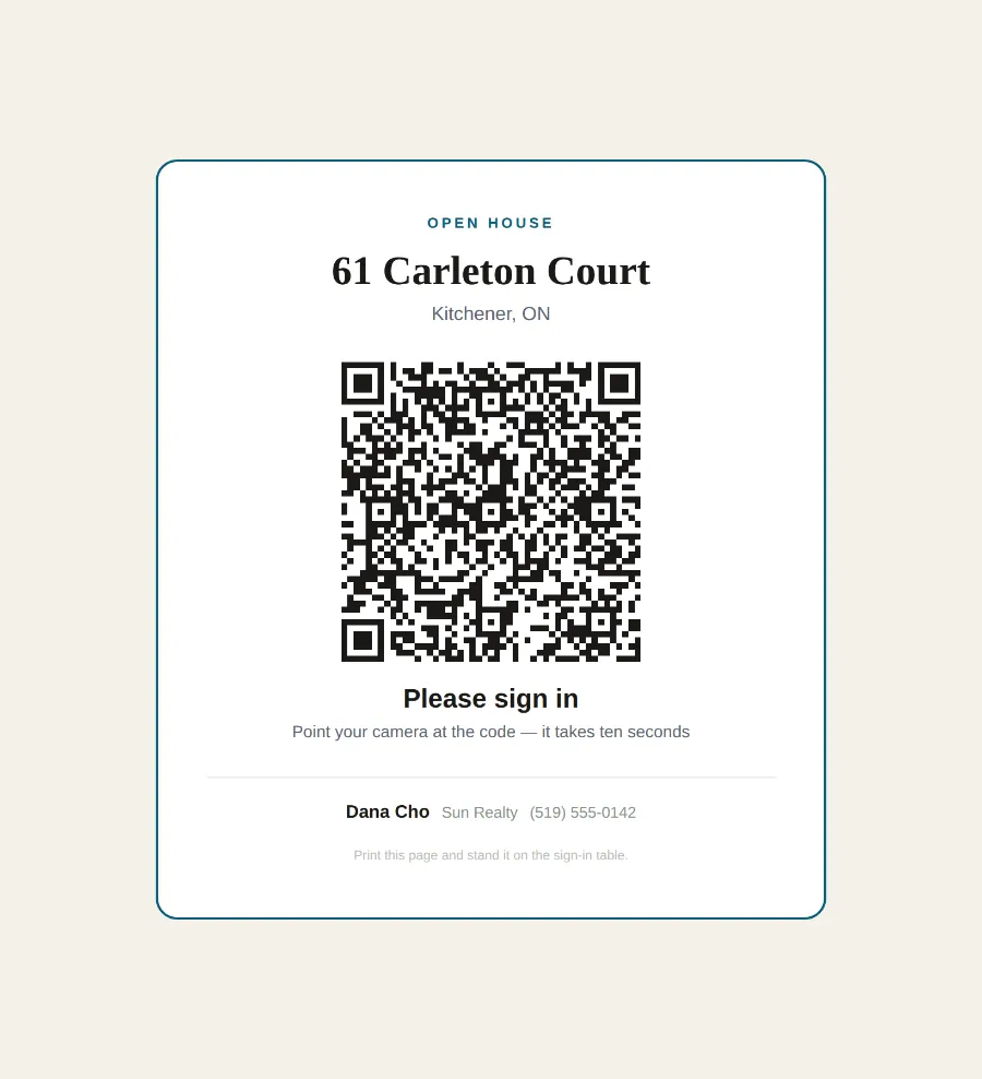 The printed sign-in card: the address, a large QR code, Please sign in, and your name, brokerage and phone.