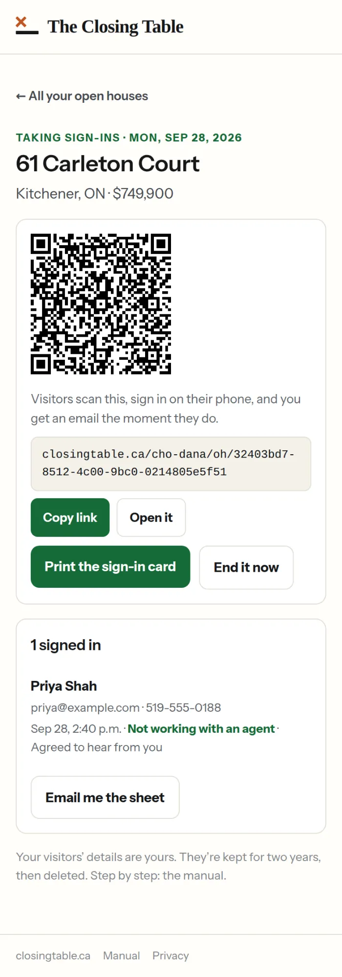 One open house: its QR code and link, Print the sign-in card, End it now, and the list of who signed in.