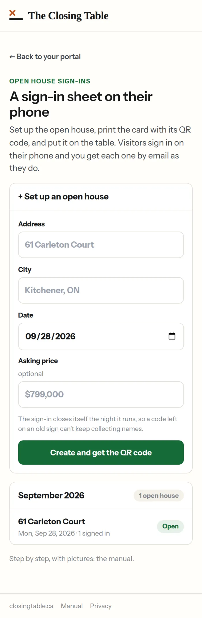The form: address, city, date and an optional asking price, then Create and get the QR code.