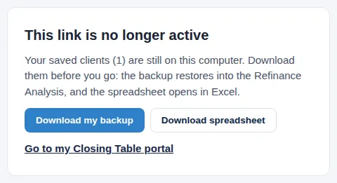 No longer active, with Download my backup and Download spreadsheet.