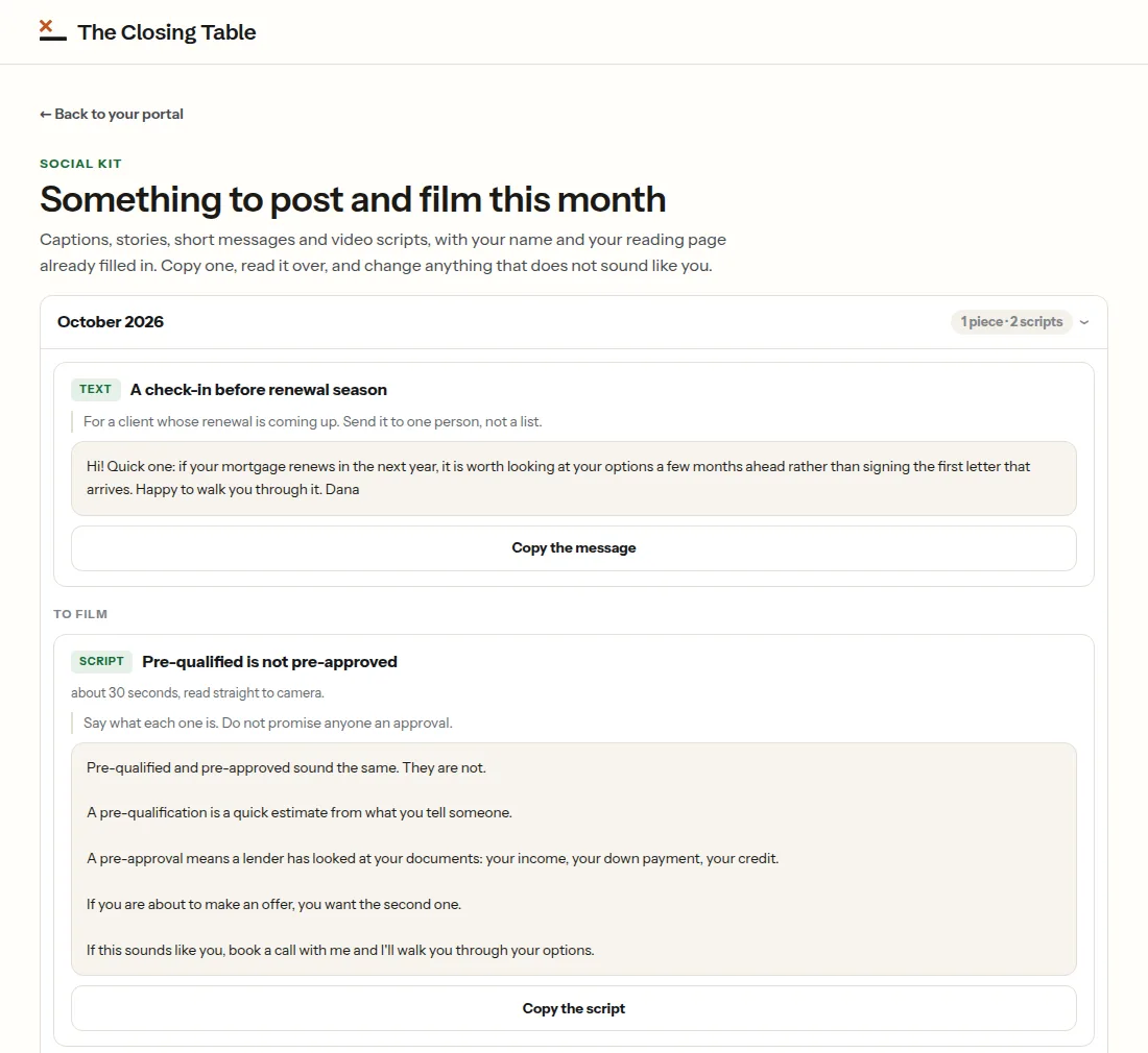 The Social kit page: October 2026 with one piece and two scripts, a text message with Copy the message, then To film and a script with Copy the script.