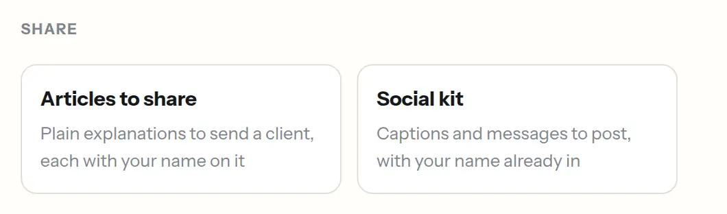 The Share section of the portal home, with the Articles to share and Social kit tiles.