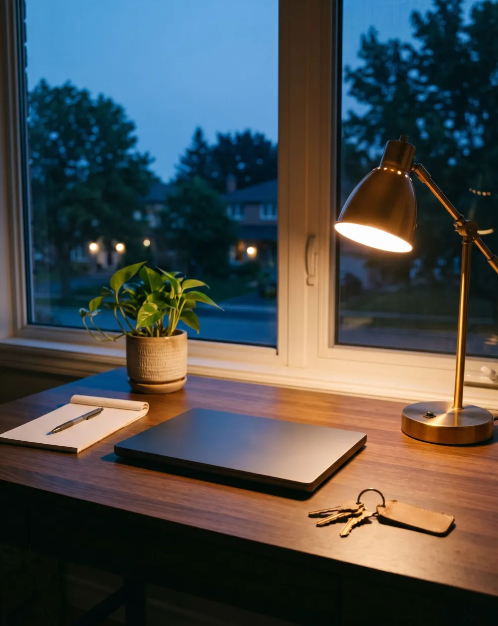 A tidy desk by a window at dusk, a lamp on, a closed laptop and a set of house keys.