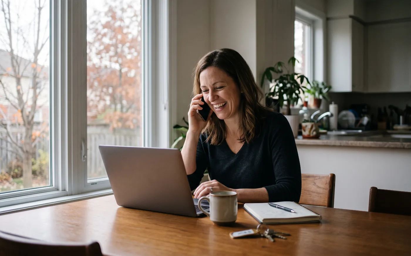 A real estate agent laughing on a phone call at her kitchen table, laptop open.