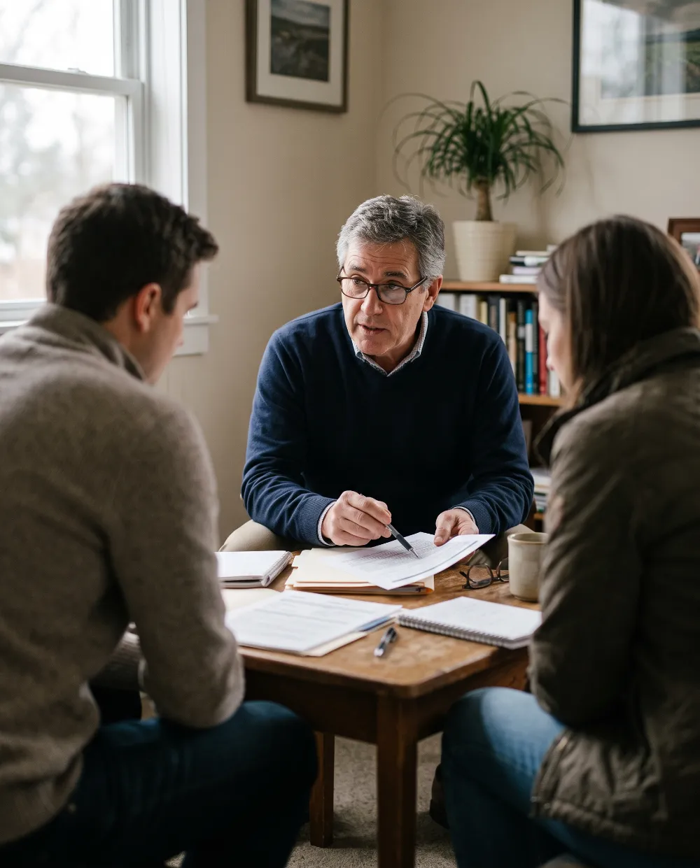 A broker explaining a printed page to a young couple across a small table.